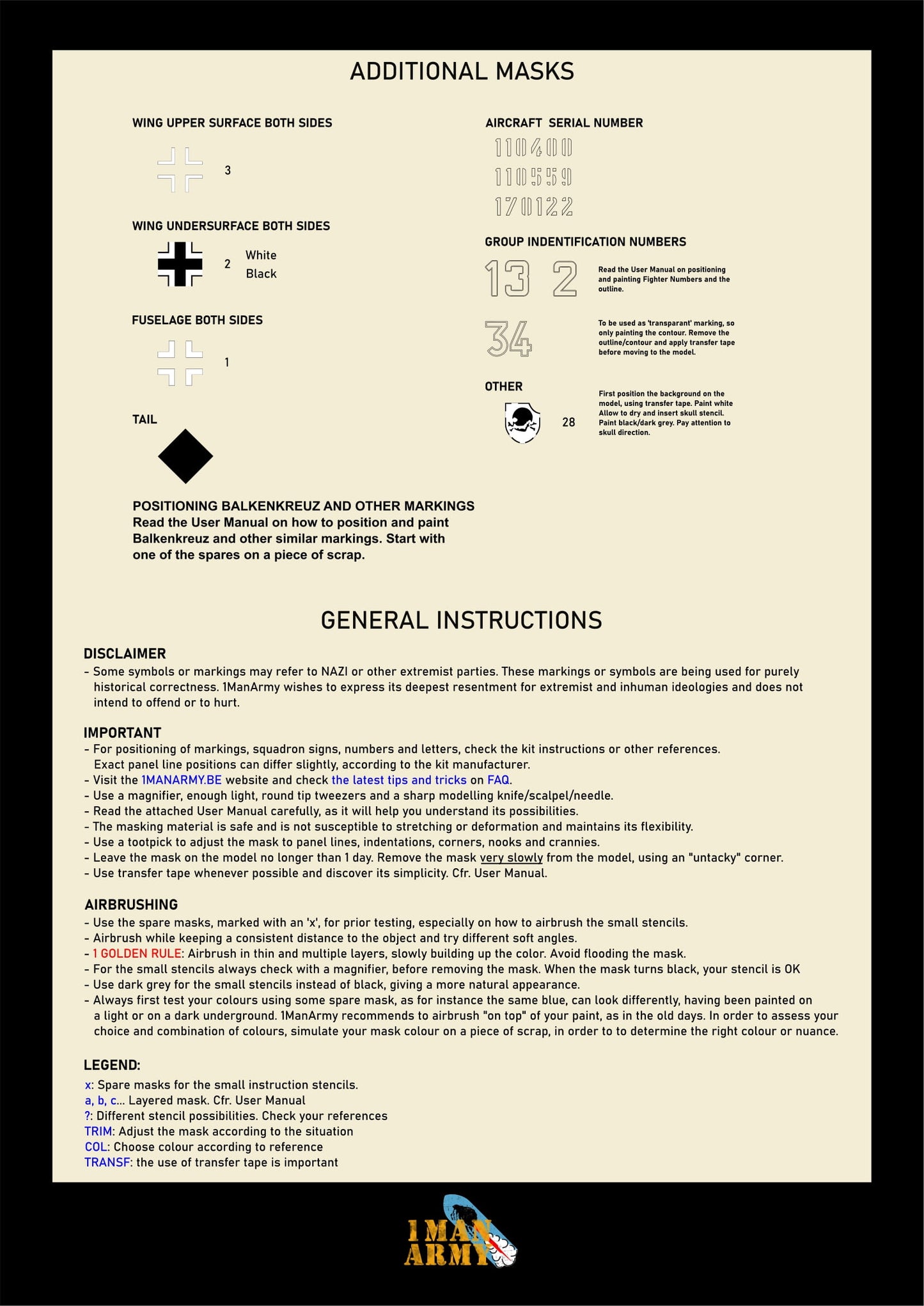 1ManArmy Hobby Boss Messerschmitt Me 262 A-1 'Schwalbe' 1/18 Basic Markings & Stencil High-Definition Paint Masks, 18DET001