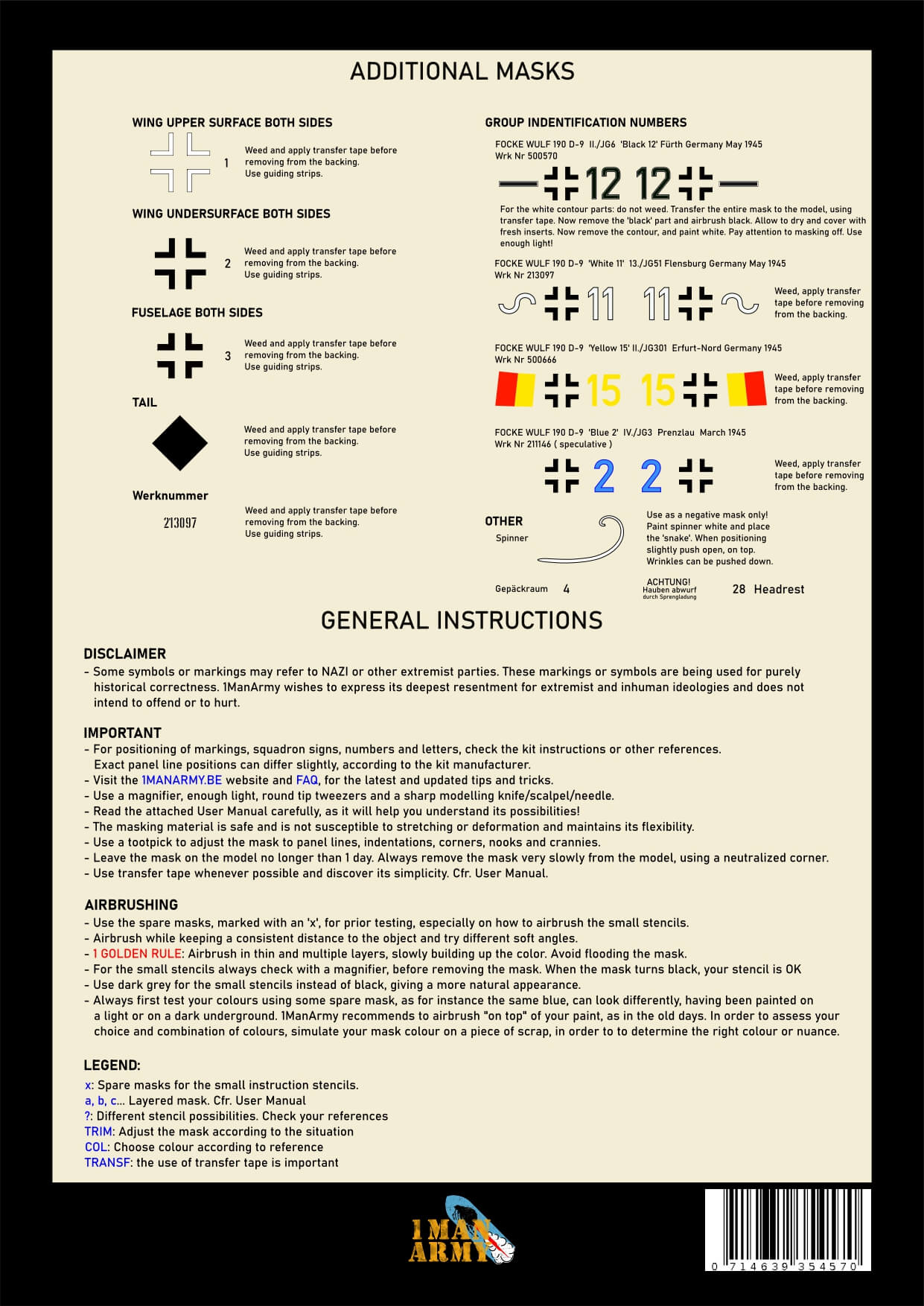 1ManArmy Trumpeter Focke-Wulf Fw190 D-9 1/24 Basic Markings & Stencil High-Definition Paint Masks, 24DET003