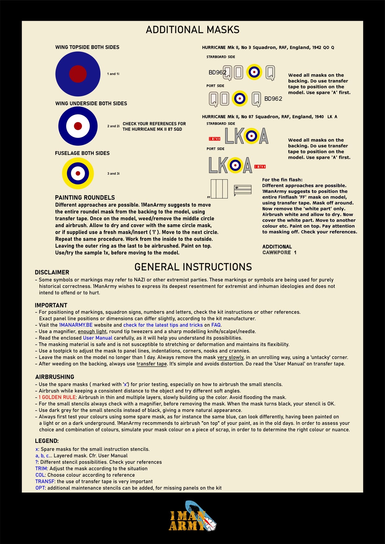 1ManArmy Trumpeter Hawker 'Hurricane' Mk.IIc 1/24 Basic Markings & Stencil High-Definition Paint Masks, 24DET010
