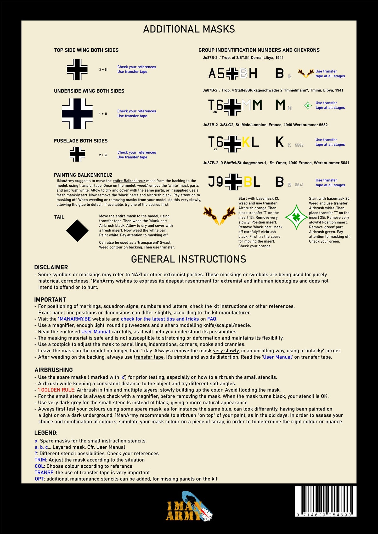 1ManArmy Airfix Junkers Ju 87B 1/24 Basic Markings & Stencil High-Definition Paint Masks, 24DET012
