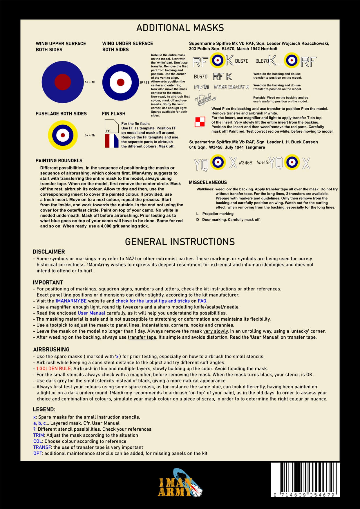1ManArmy Trumpeter Supermarine Spitfire Mk.Vb 1/24 Basic Markings & Stencil High-Definition Paint Masks, 24DET015