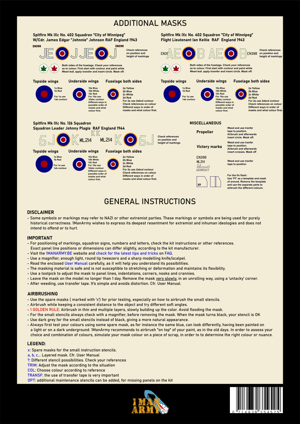1ManArmy Airfix Spitfire Mk.IXc 1/24 Basic Markings & Stencil High-Definition Paint Masks, 24DET016