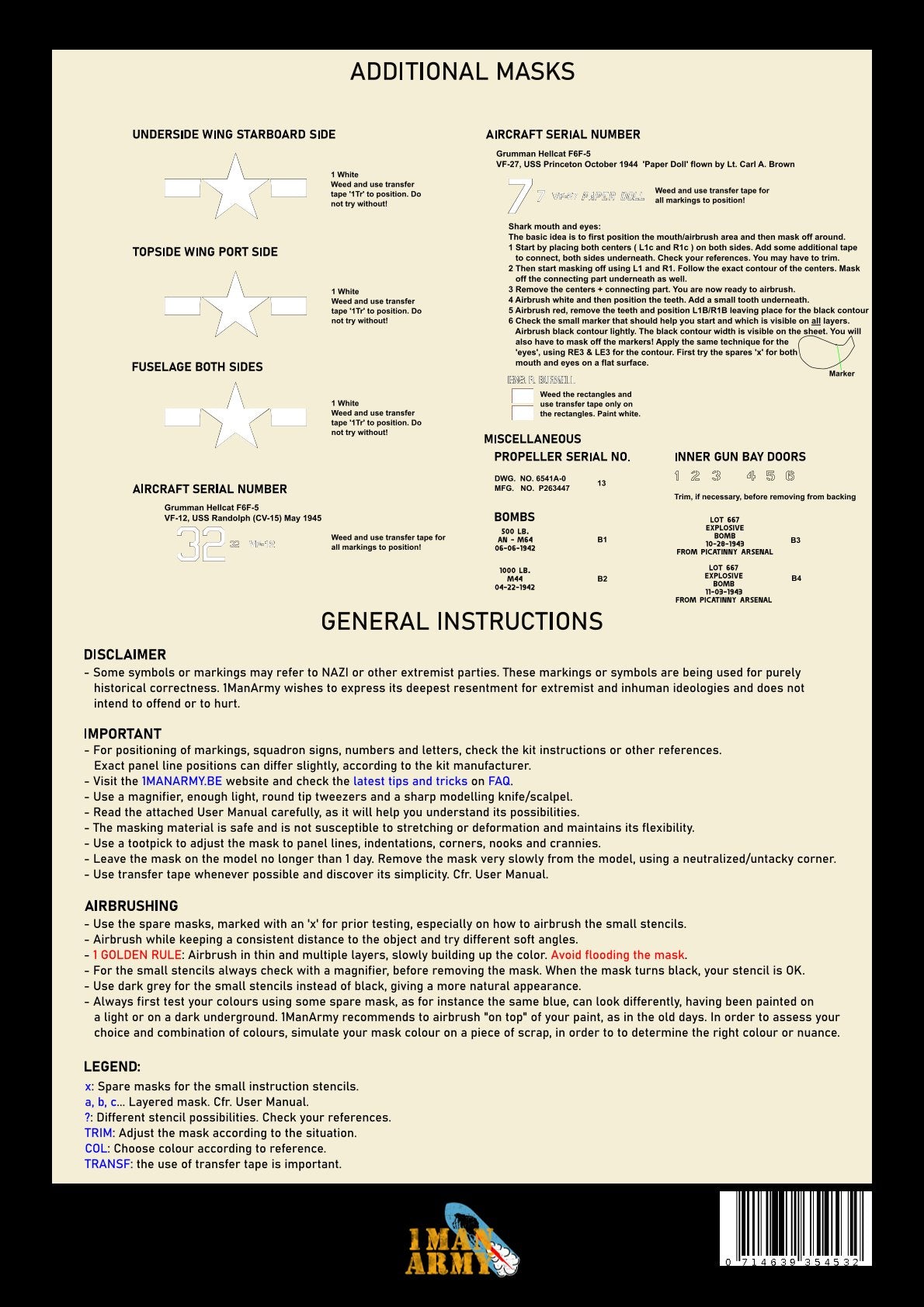 1ManArmy Airfix Grumman F6F-5 Hellcat 1/24 Basic Markings & Stencil High-Definition Paint Masks, 24DET017