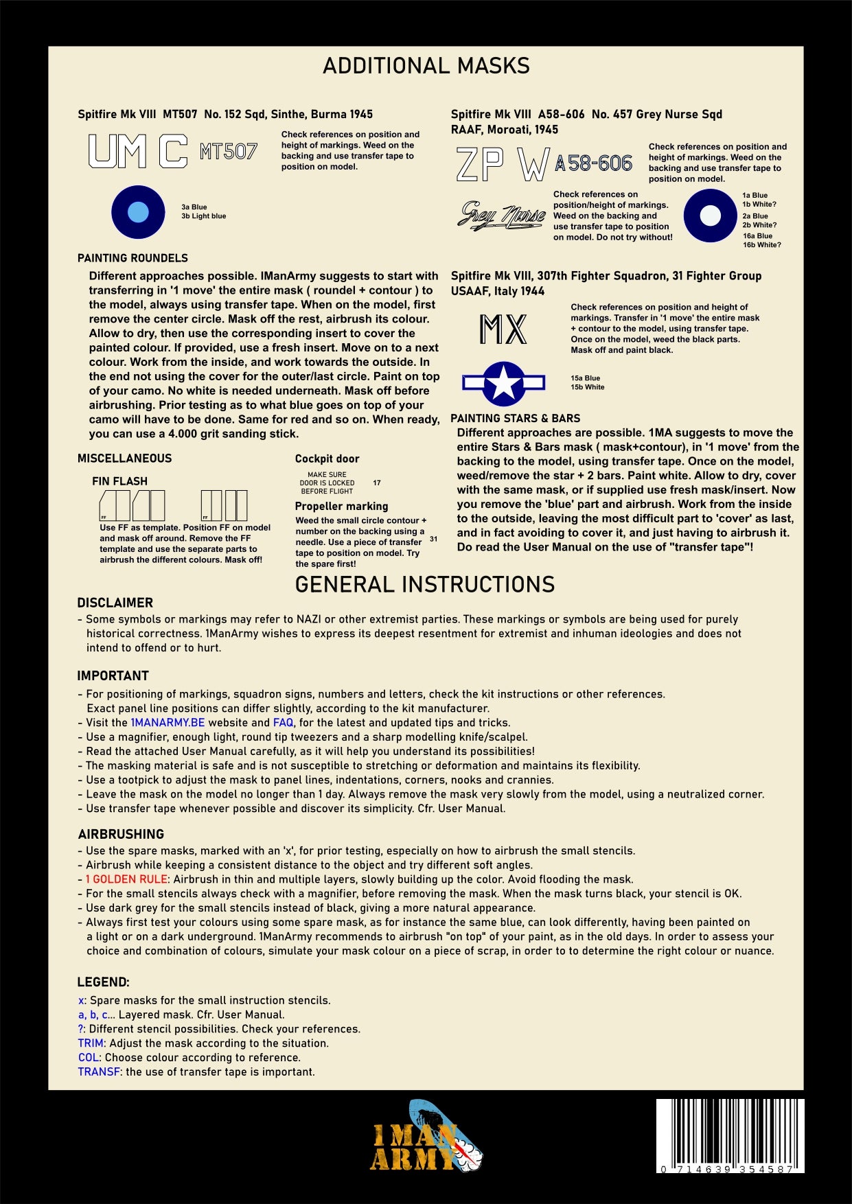 1ManArmy Airfix Spitfire Mk.VIII 1/24 Basic Markings & Stencil High-Definition Paint Masks, 24DET020