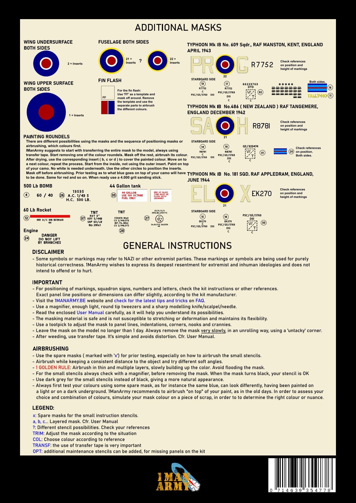 1ManArmy Airfix Hawker Typhoon Mk.IB "Car Door" 1/24 Basic Markings & Stencil High-Definition Paint Masks, 24DET018
