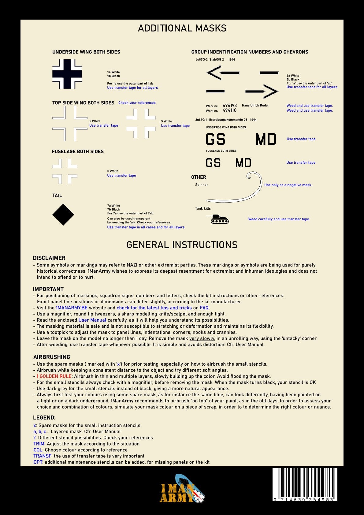 1ManArmy Junkers Ju87G "Stuka" 1/32 Basic Markings & Stencil High-Definition Paint Masks, 32DET012