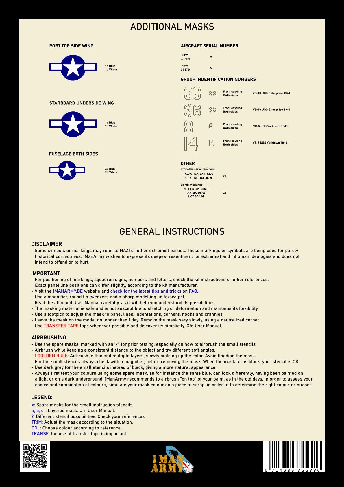 1ManArmy Dauntless SBD5 1/32 Basic Markings & Stencil High-Definition Paint Masks, 32DET014