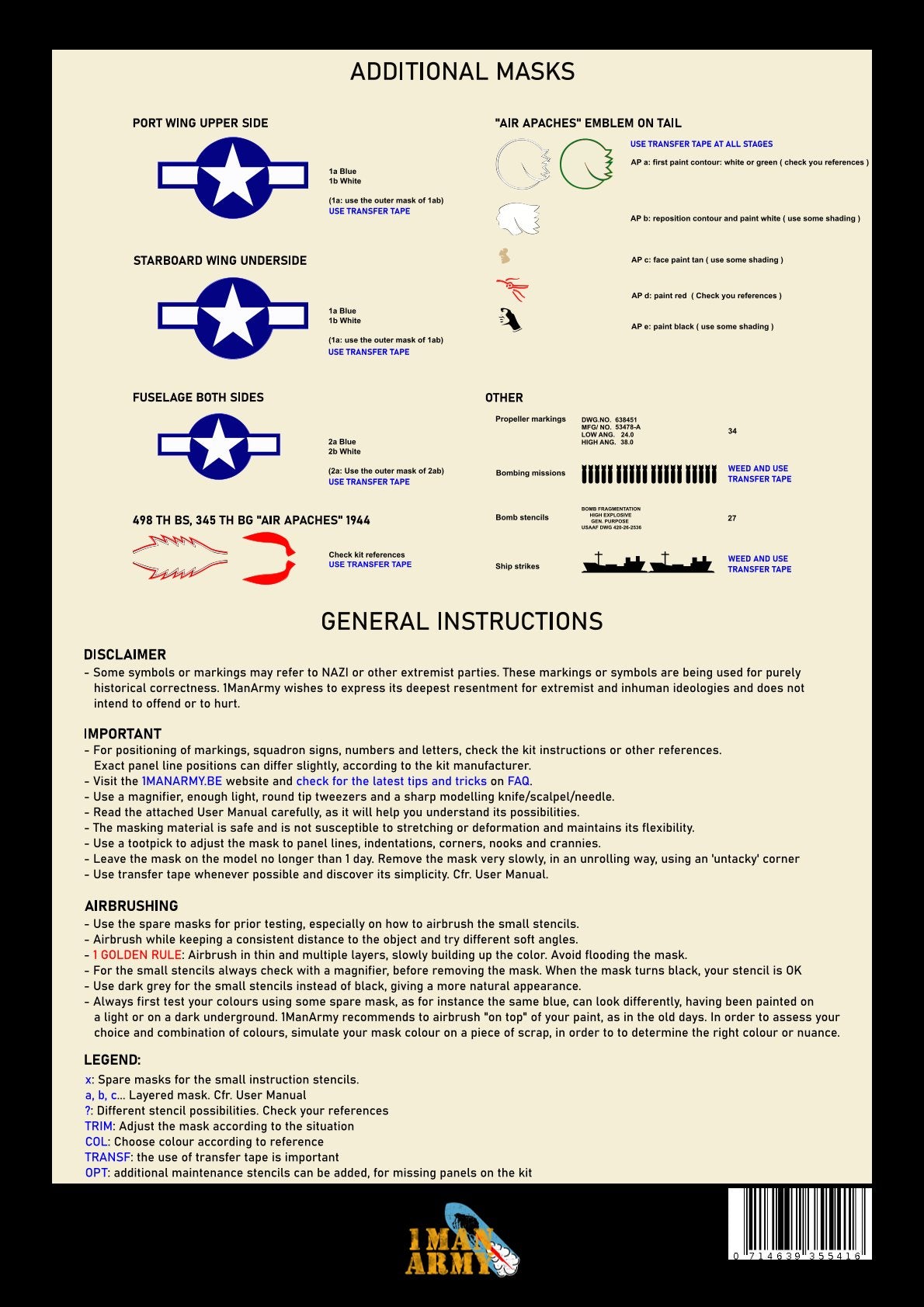 1ManArmy HK Models B-25J Mitchell "The Strafer" 1/32 Basic Markings & Stencil High-Definition Paint Masks, 32DET017