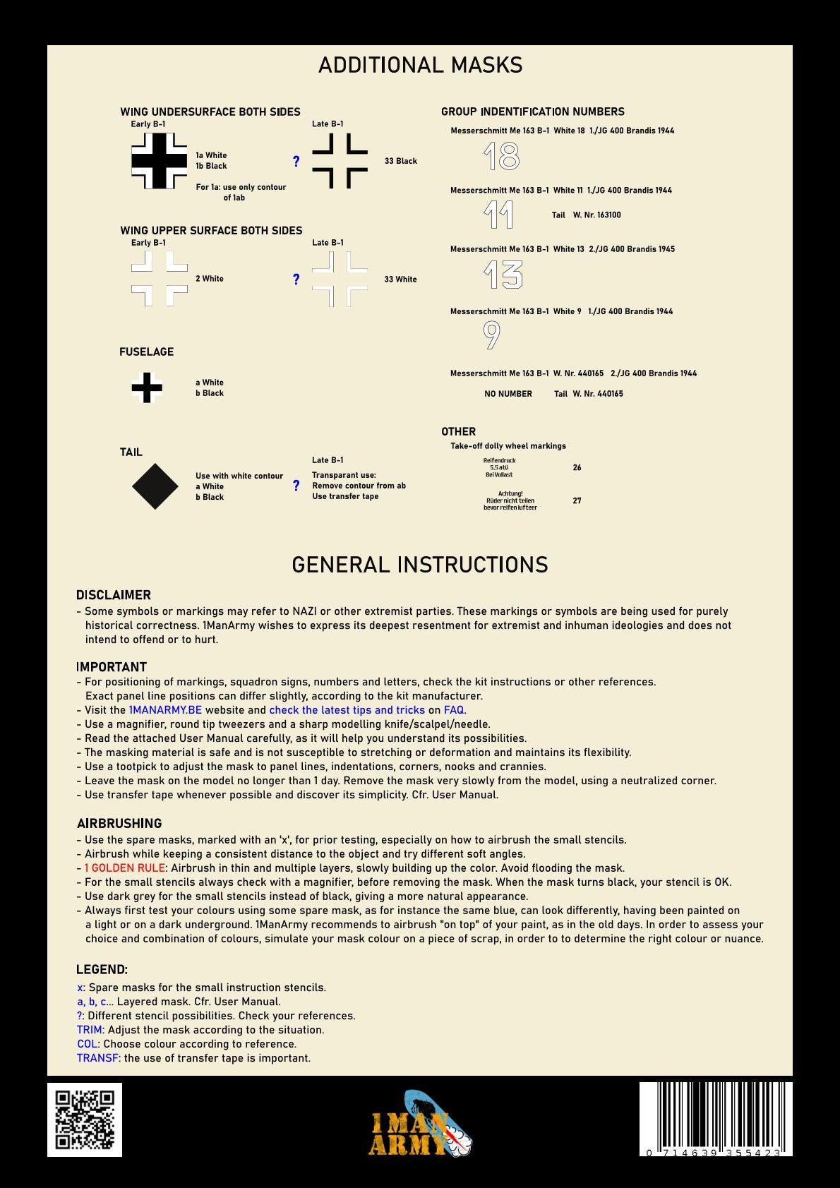 1ManArmy Meng Messerschmitt 163B "Komet" 1/32 Basic Markings & Stencil High-Definition Paint Masks, 32DET018