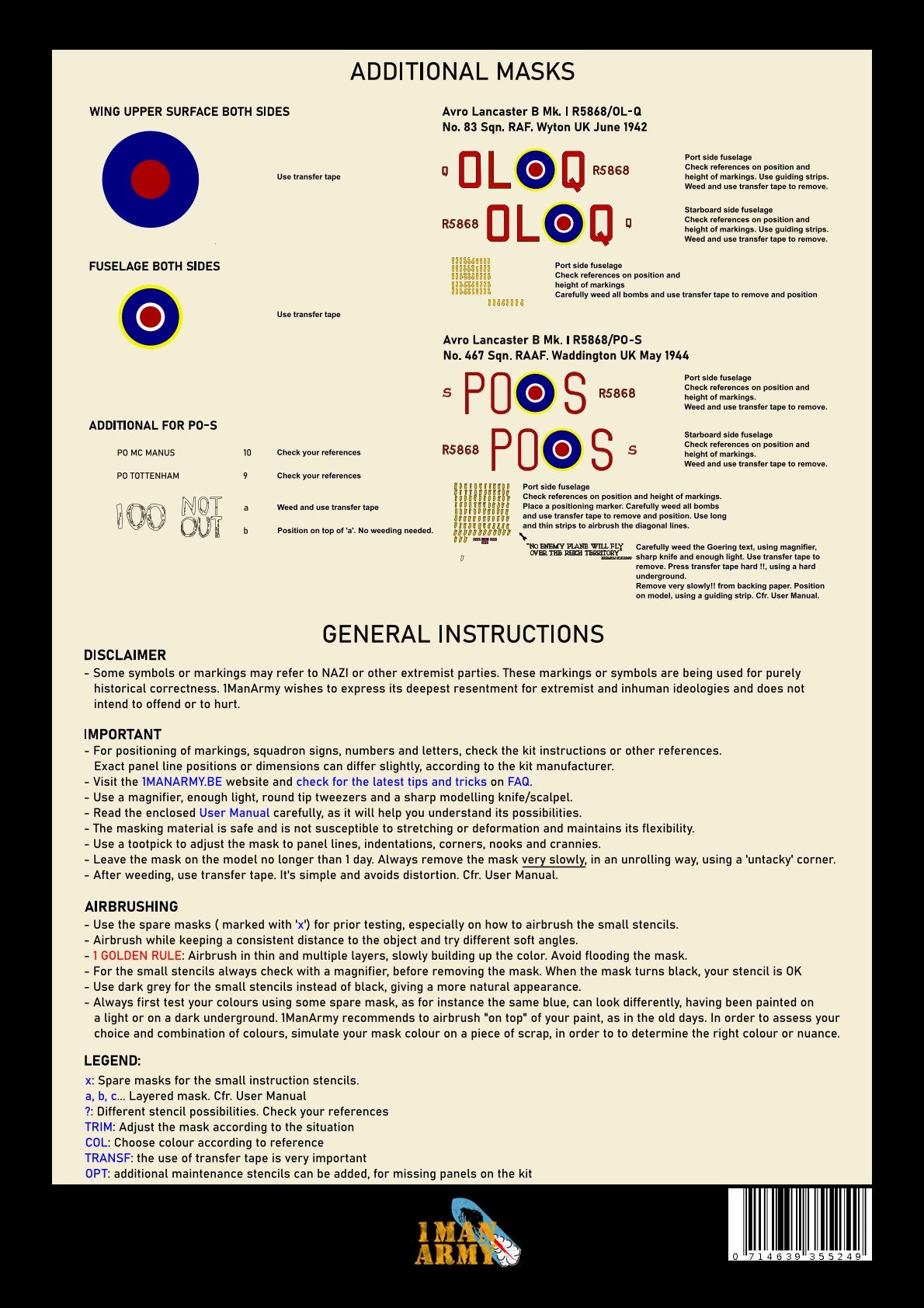 1ManArmy HK Models Avro Lancaster B Mk.I 1/32 Basic Markings & Stencil High-Definition Paint Masks, 32DET020