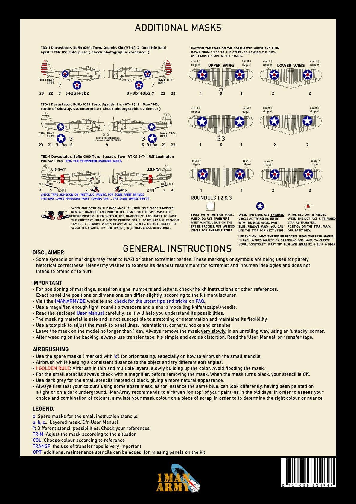 1ManArmy Trumpeter TBD-1 Devastator 1/32 Basic Markings & Stencil High-Definition Paint Masks, 32DET034