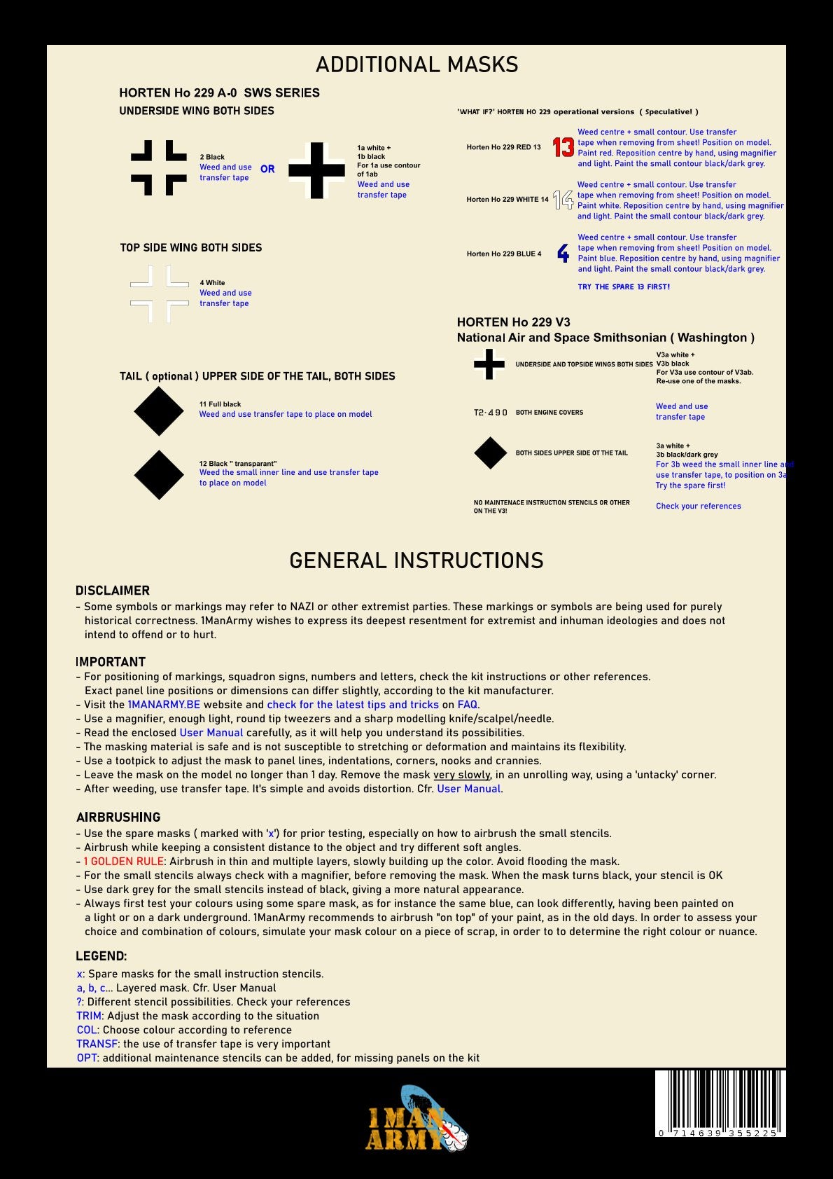 1ManArmy Zoukei-Mura Horten Ho 229 1/32 Basic Markings & Stencil High-Definition Paint Masks, 32DET036