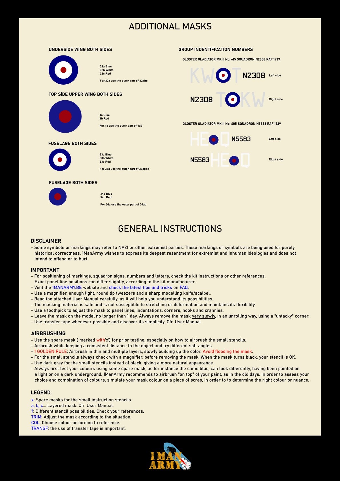 1ManArmy Gloster Gladiator Mk.II 1/32 Basic Markings & Stencil High-Definition Paint Masks, 32DET040