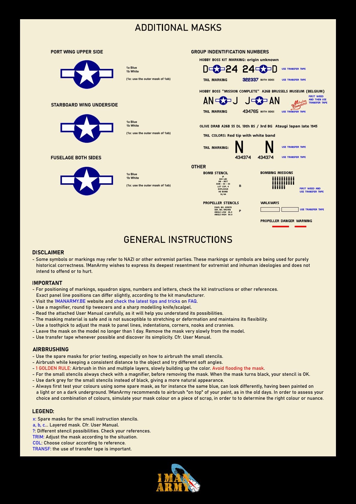 1ManArmy Hobby Boss A-26B Invader 1/32 Basic Markings & Stencil High-Definition Paint Masks, 32DET044