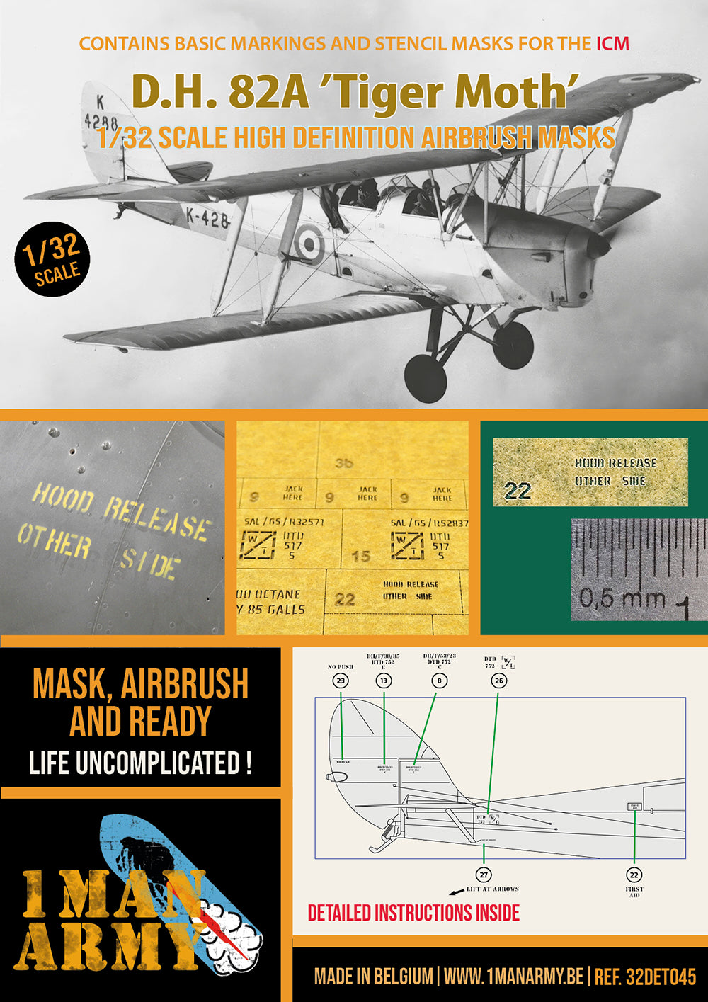 1ManArmy ICM D.H. 82A 'Tiger Moth' 1/32 Basic Markings & Stencil High-Definition Paint Masks, 32DET045
