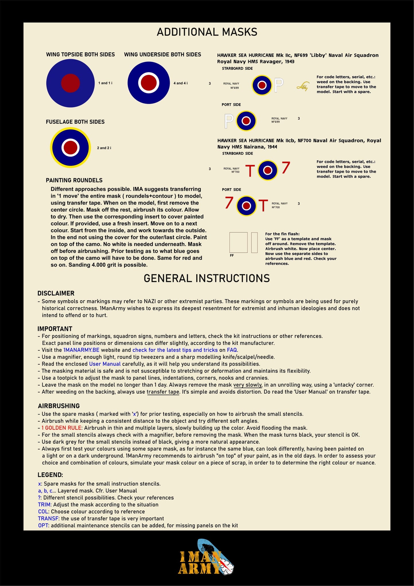 1ManArmy Revell Hawker Sea Hurricane Mk.IIc 1/32 Basic Markings & Stencil High-Definition Paint Masks, 32DET048
