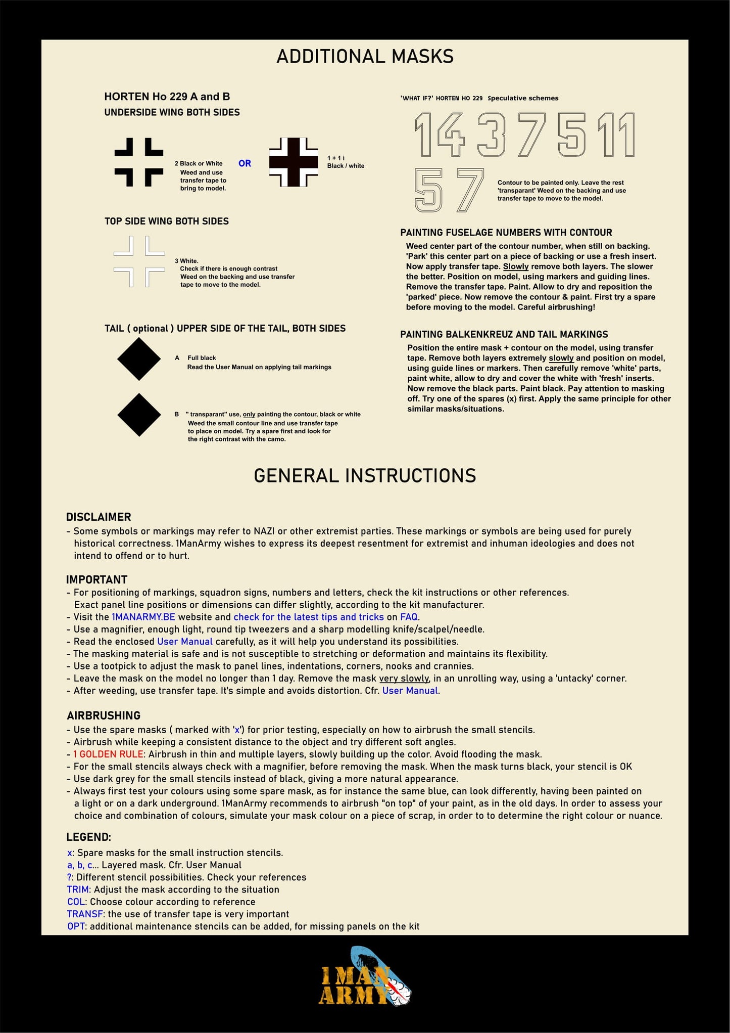 1ManArmy Takom Horten Ho229 A/B 1/32 Basic Markings & Stencil High-Definition Paint Masks, 32DET050