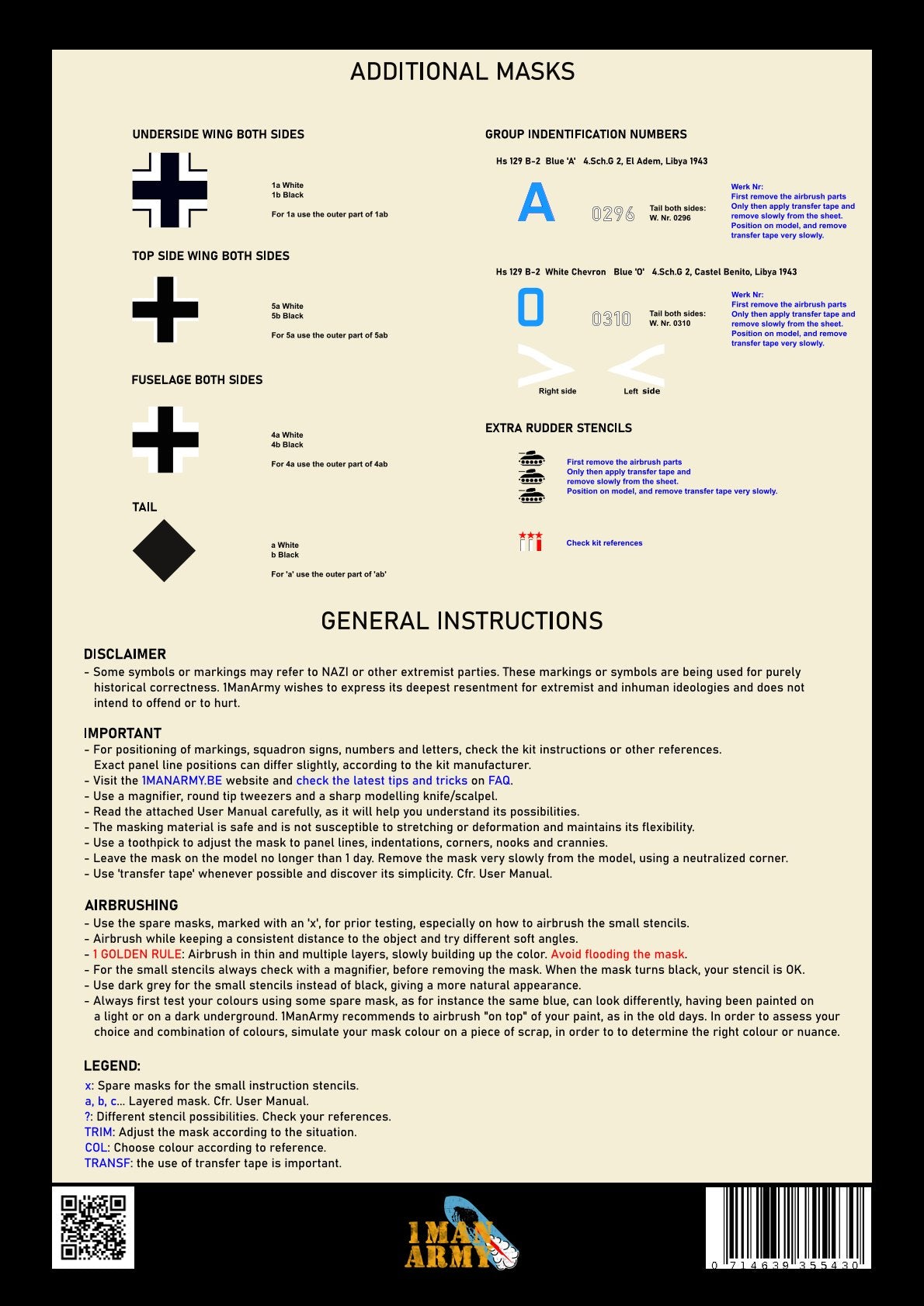 1ManArmy Zoukei-Mura Henschel HS 129 B-2/RIII 1/32 Basic Markings & Stencil High-Definition Paint Masks, 32DET052