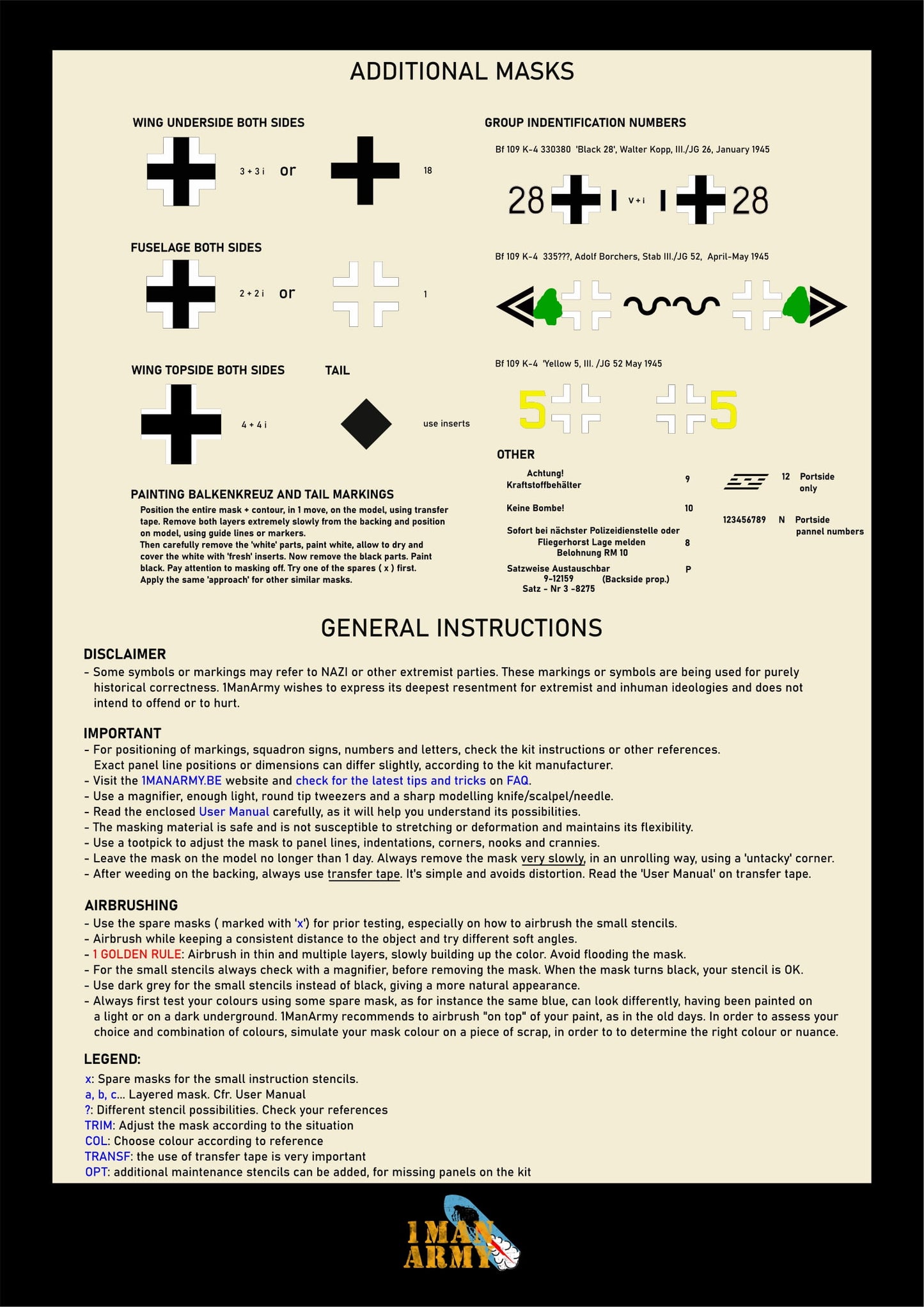 1ManArmy Kotare Messerschmitt Bf 109K-4 1/32 Basic Markings & Stencil High-Definition Paint Masks, 32DET053
