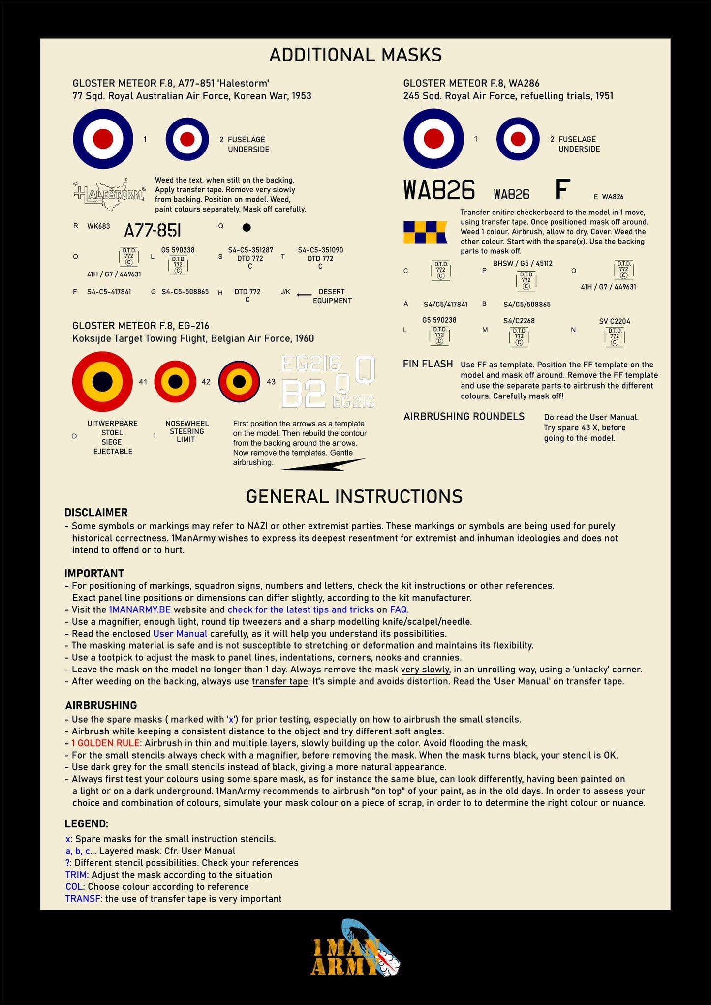 1ManArmy Revell Gloster Meteor F.8/FR.9 1/32 Basic Markings & Stencil High-Definition Paint Masks, 32DET055