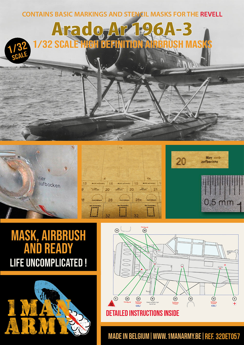 1ManArmy Revell Arado Ar 196A-3 1/32 Basic Markings & Stencil High-Definition Paint Masks, 32DET057