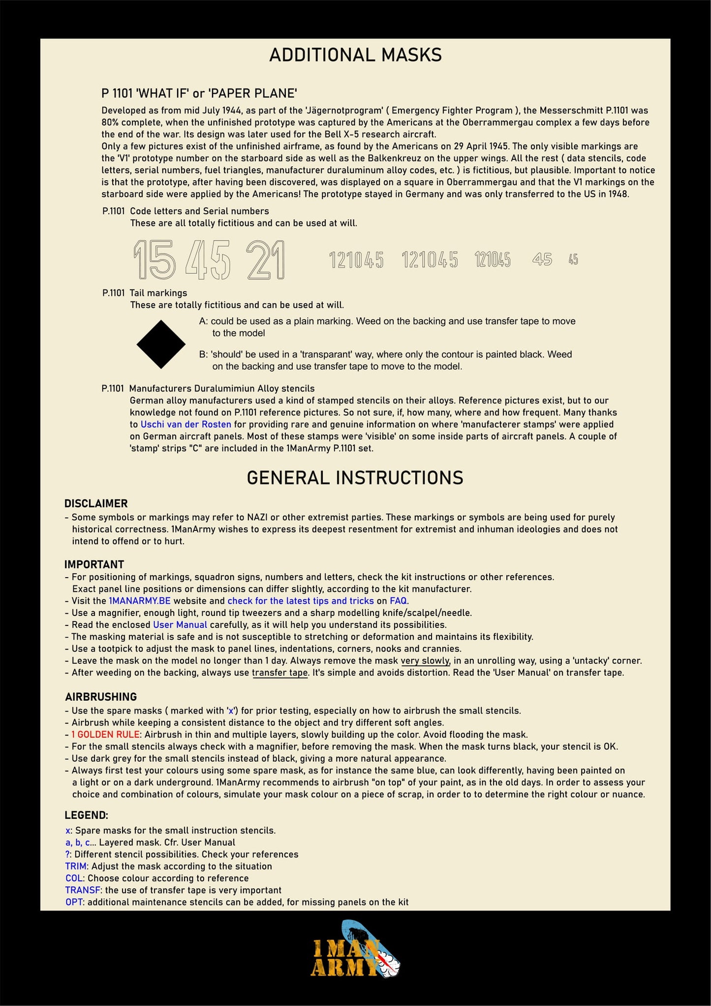 1ManArmy Das Werk Messerschmitt P.1101 1/32 Basic Markings & Stencil High-Definition Paint Masks, 32DET059