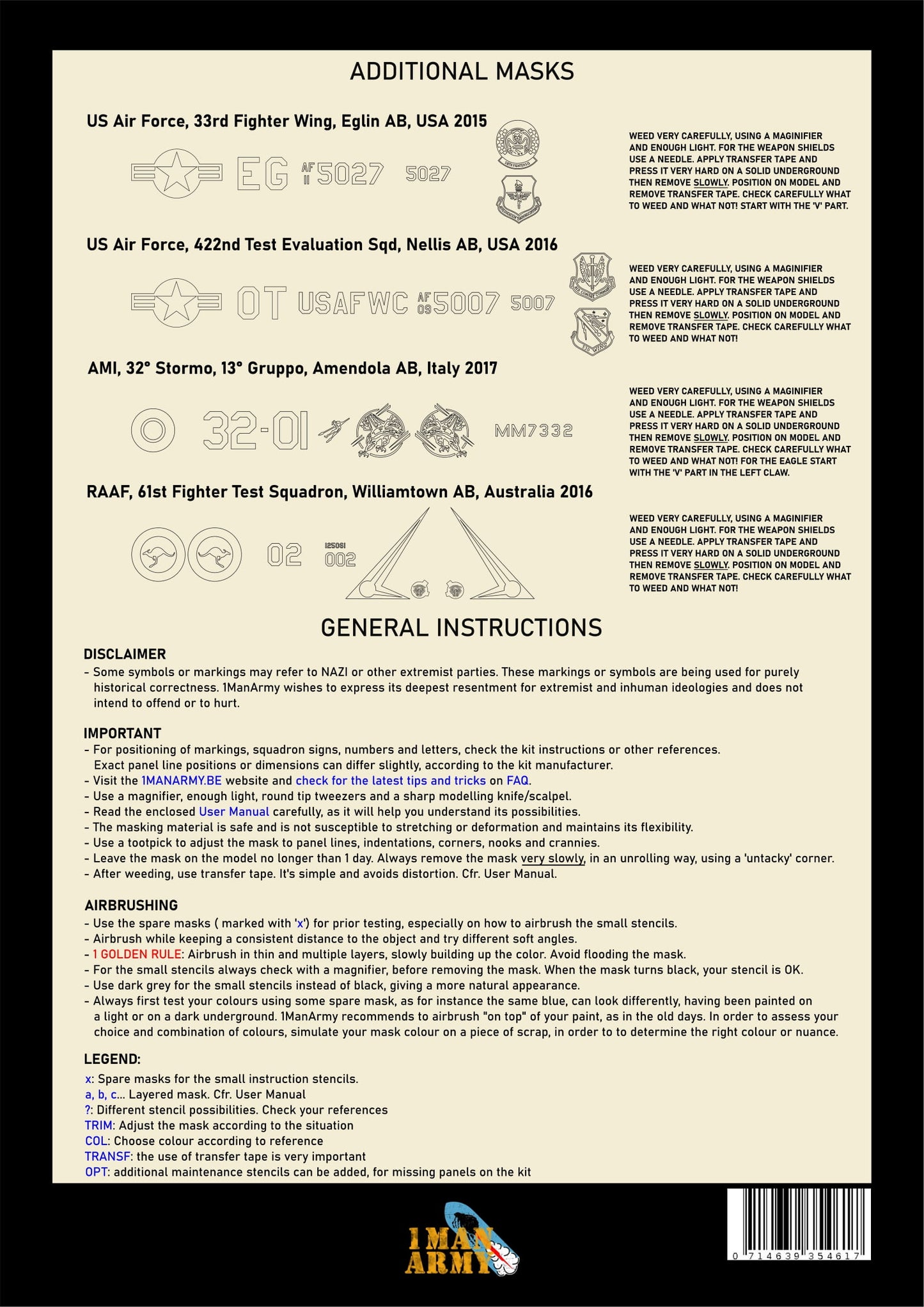 1ManArmy Italeri F-35 A Lightning II 1/32 Basic Markings & Stencil High-Definition Paint Masks, 32DET809