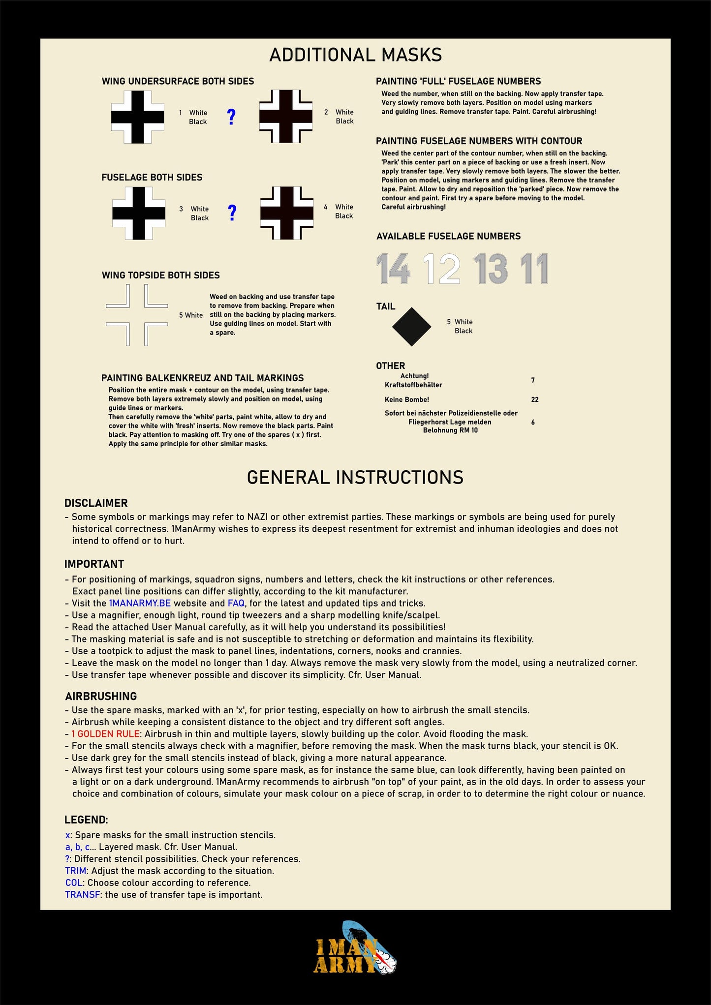 1ManArmy Border Focke-Wulf Fw190 A-6 1/35 Basic Markings & Stencil High-Definition Paint Masks, 35DET003