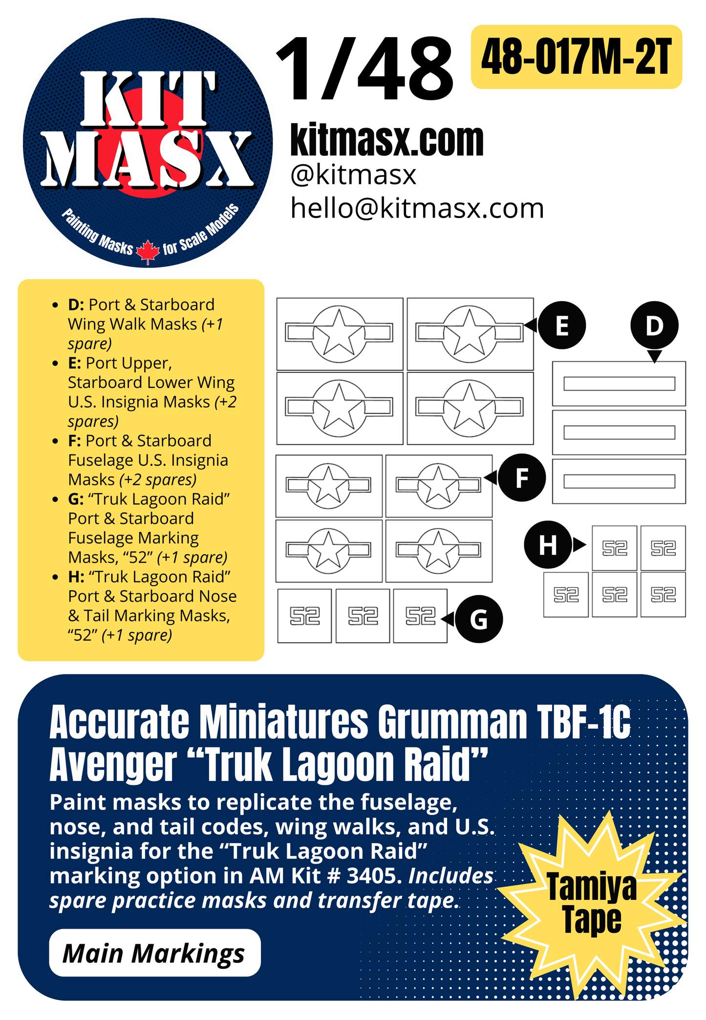 Accurate Miniatures Grumman TBF-1C Avenger "Truk Lagoon Raid" 1/48 Main Marking Paint Masks or All-in-One Master Mask Set, Kit # 3405