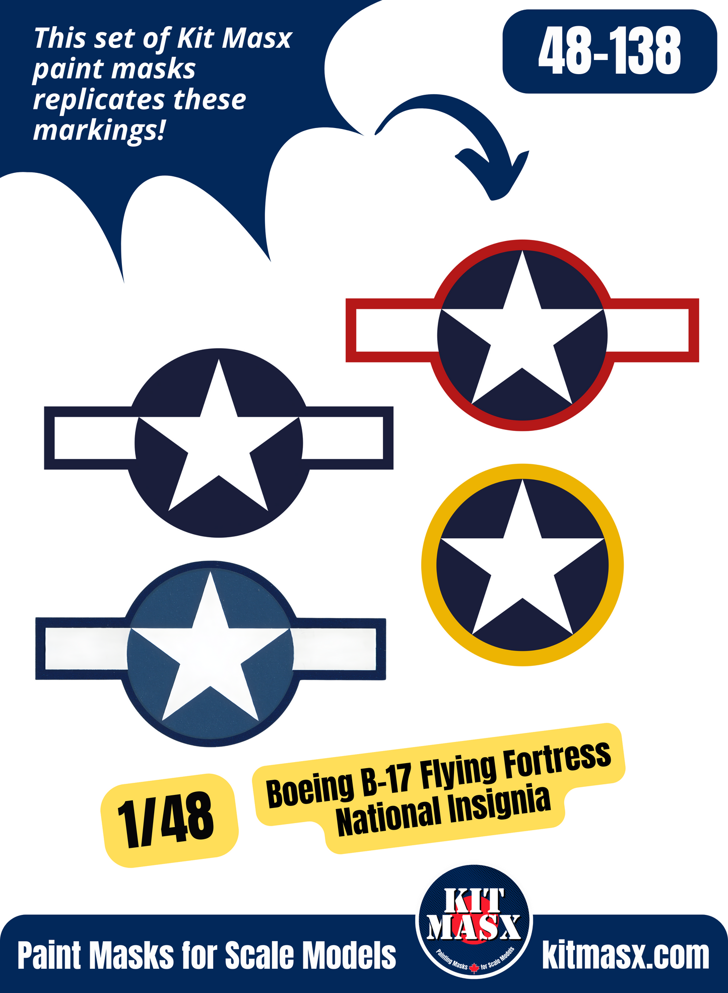 Boeing B-17F Flying Fortress Wing & Fuselage Insignia 1/48 National Insignia Paint Masks, ZTZ 48017/f/g