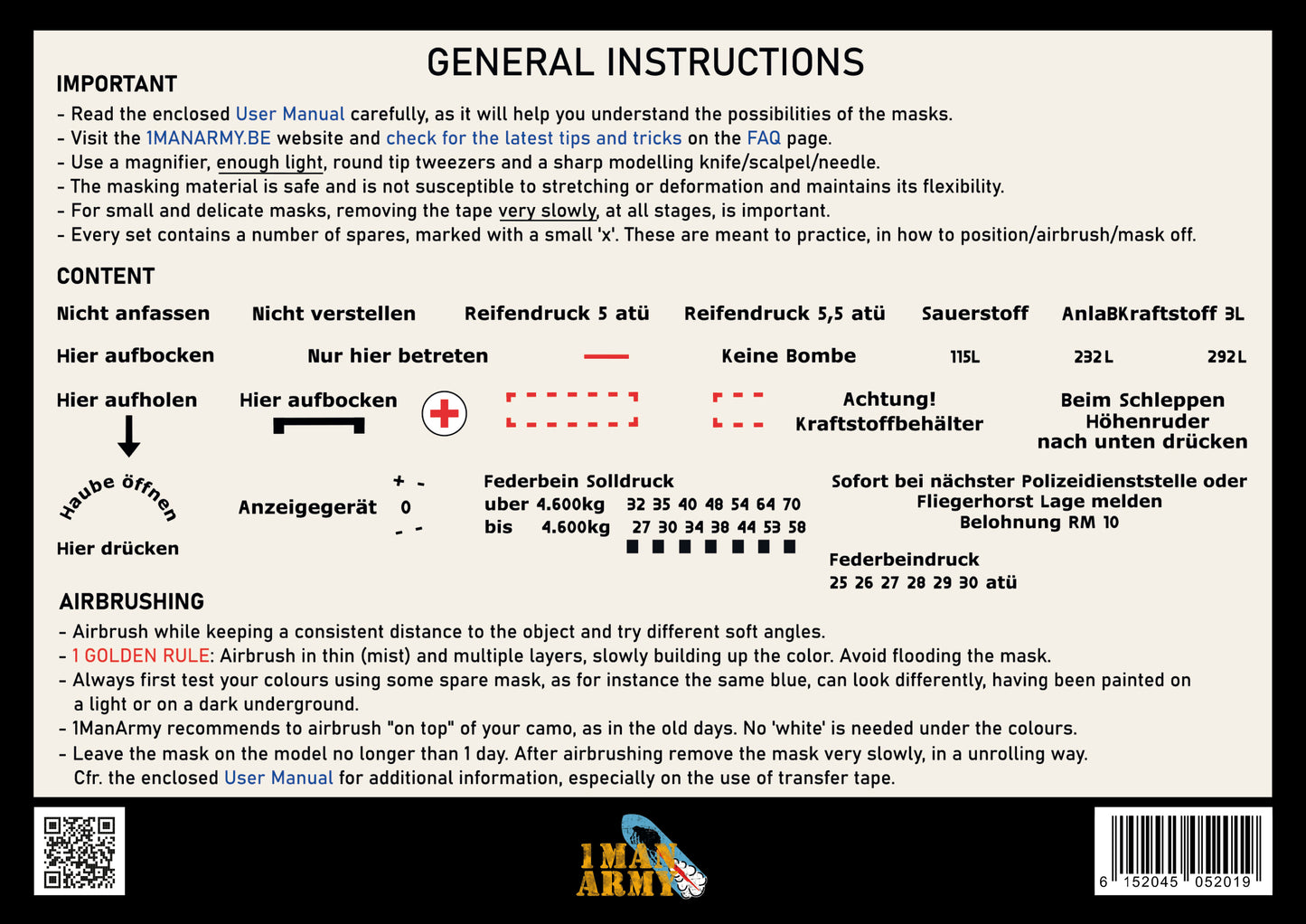 1ManArmy 1/48 Focke-Wulf 190 A-Series Maintenance Data Stencils, Generic High-Definition Paint Masks, 48GEN305