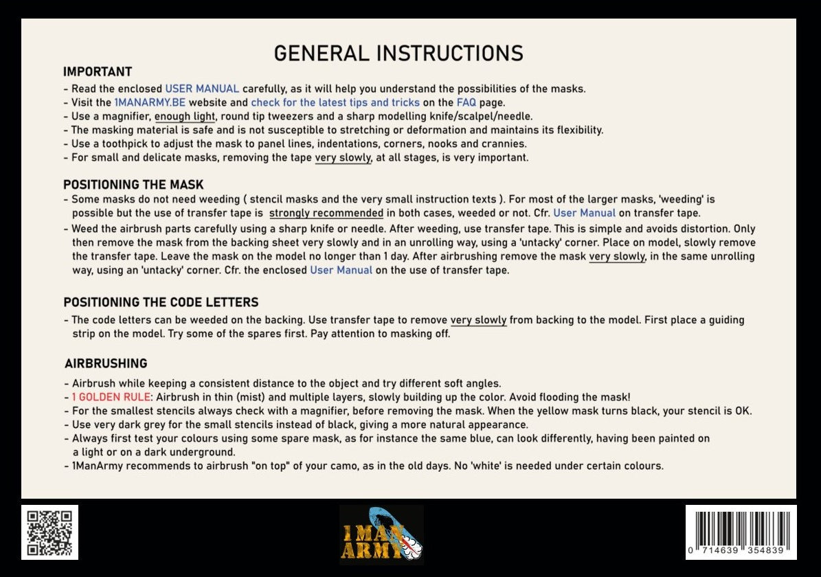 1ManArmy 1/48 WWII RAF 24-inch Code Letters, Generic High-Definition Paint Masks, 48GEN503