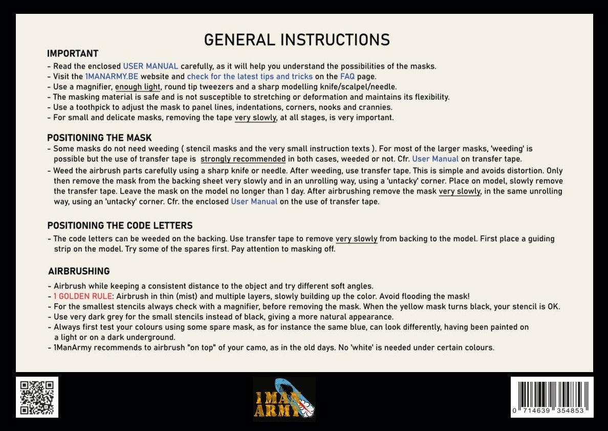 1ManArmy 1/48 WWII RAF 36-inch Code Letters, Generic High-Definition Paint Masks, 48GEN505