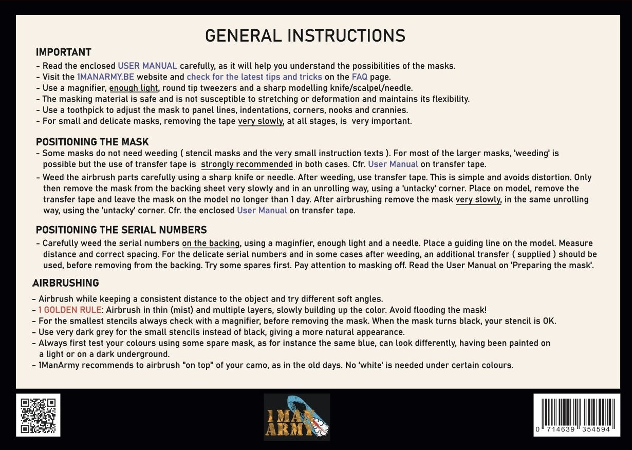 1ManArmy 1/48 WWII RAF 8-inch Serial Numbers, Generic High-Definition Paint Masks, 48GEN506