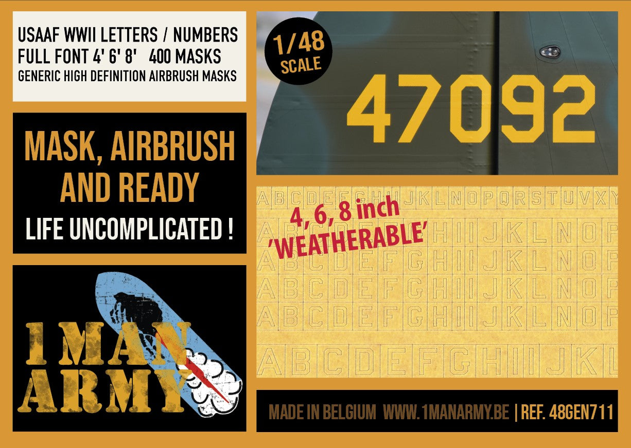 USAAF WWII Letters & Numbers FULL FONT 4-inch, 6-inch, 8-inch 1/48 Generic High-Definition Paint Masks (48GEN711)