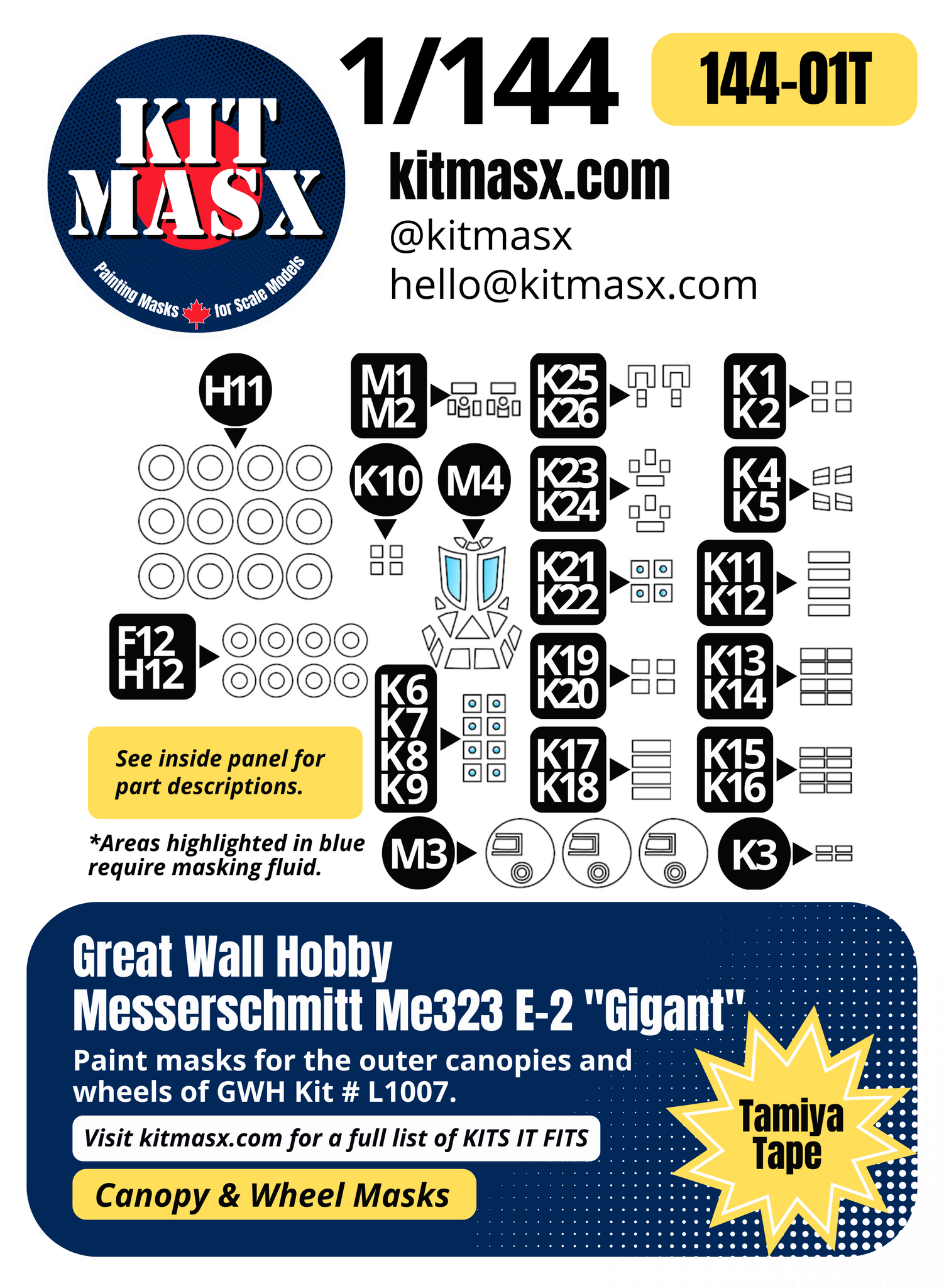 Great Wall Hobby Me 323 E-2 "Gigant" 1/144 Canopy & Wheel Paint Masks, Kit # L1007