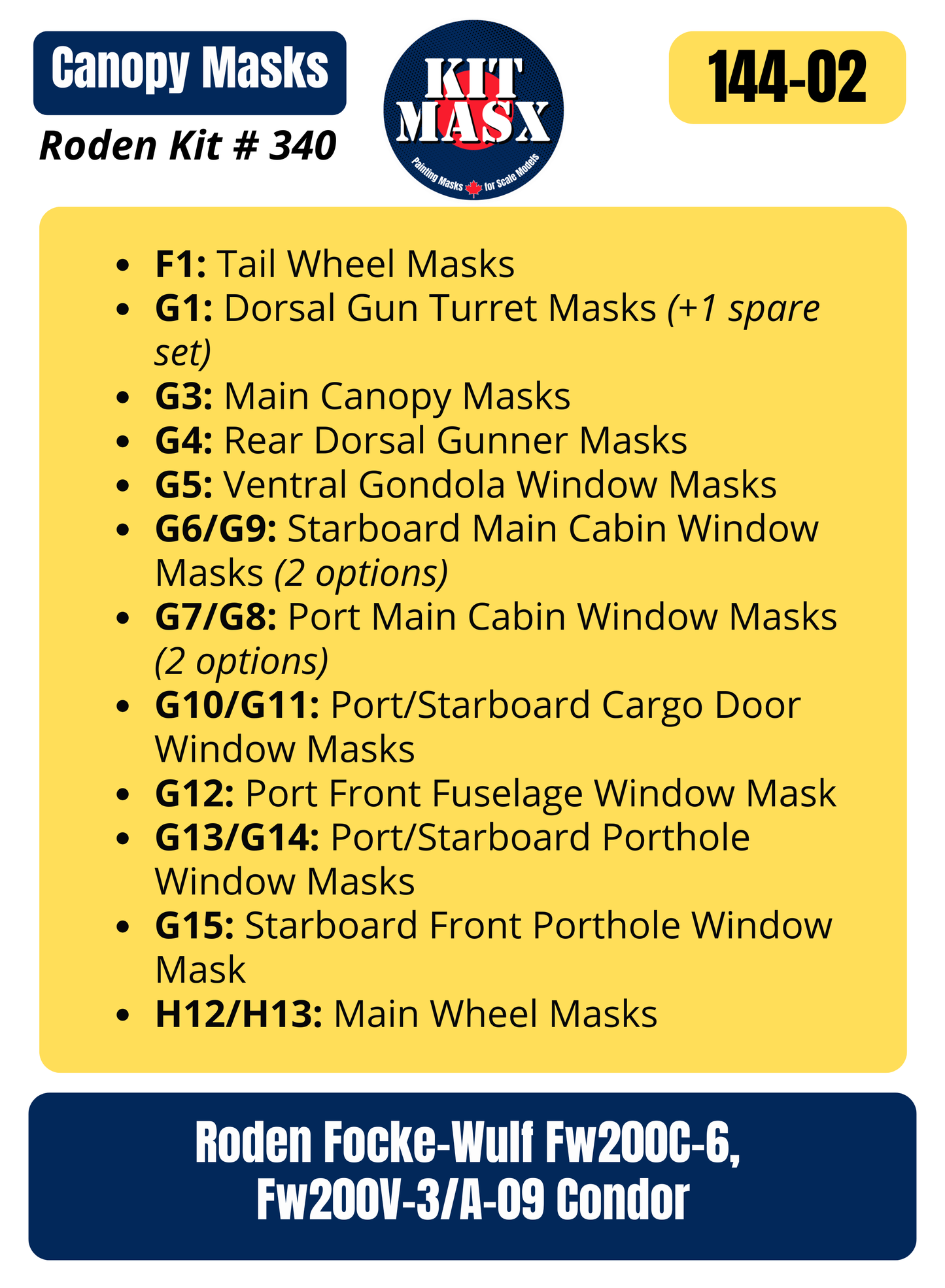 Roden Focke-Wulf Fw200C-6, Fw200V-3/A-09 Condor 1/144 Canopy & Wheel Paint Masks, Kit # 340
