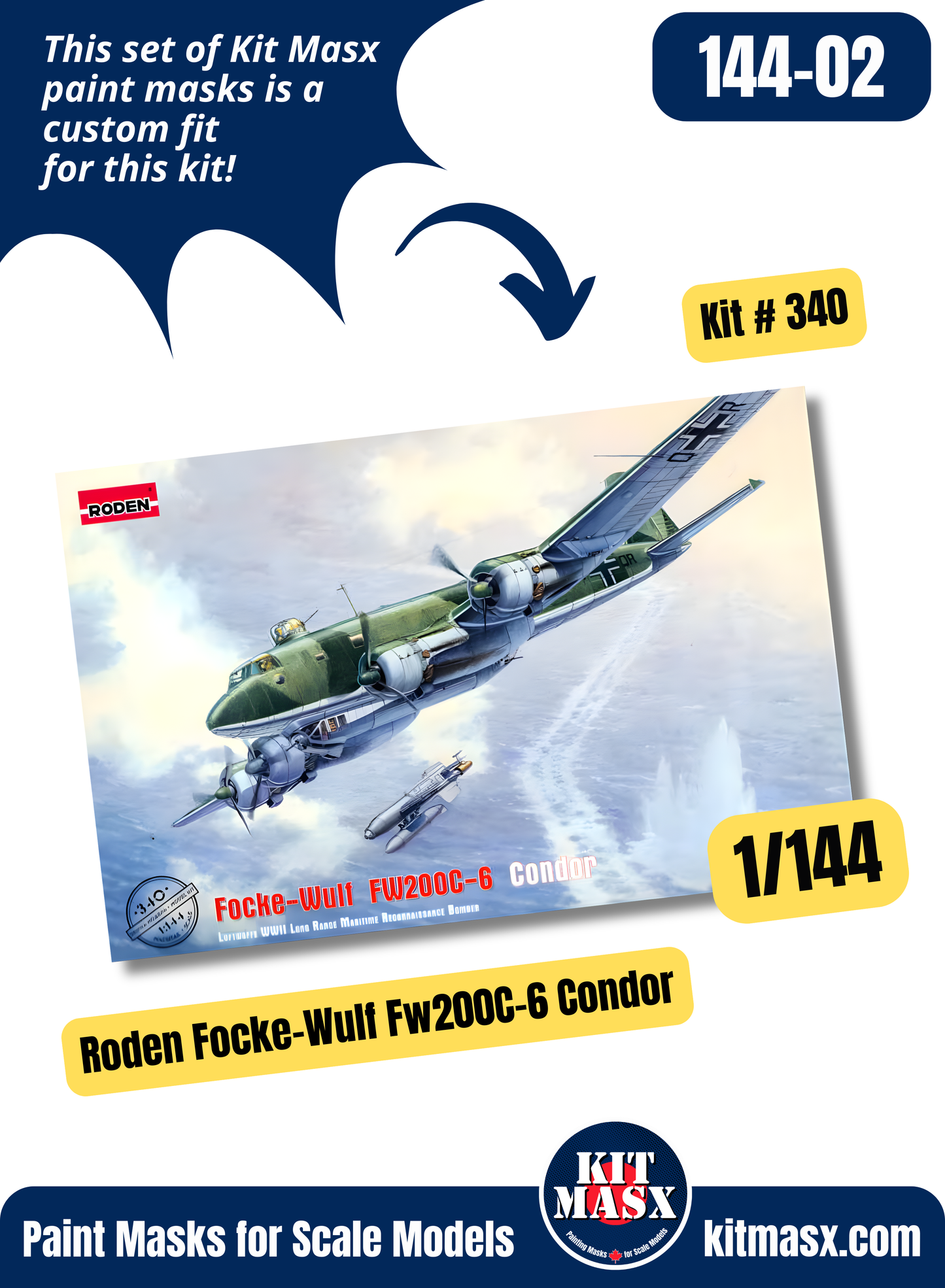 Roden Focke-Wulf Fw200C-6, Fw200V-3/A-09 Condor 1/144 Canopy & Wheel Paint Masks, Kit # 340