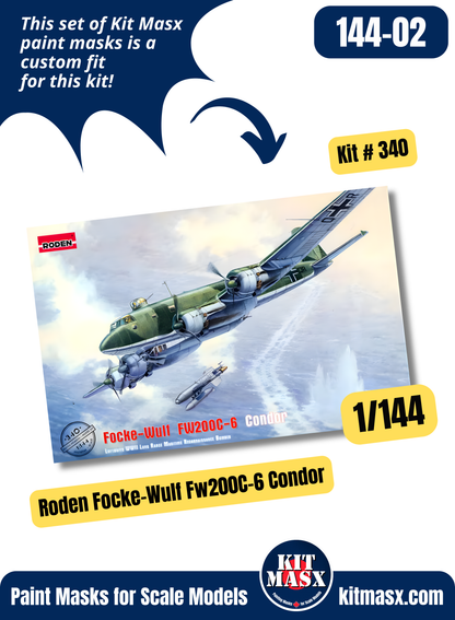 Roden Focke-Wulf Fw200C-6, Fw200V-3/A-09 Condor 1/144 Canopy & Wheel Paint Masks, Kit # 340