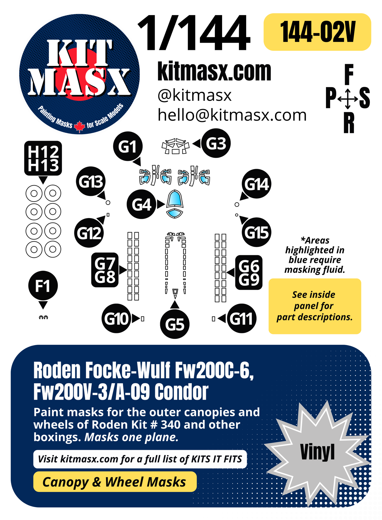 Roden Focke-Wulf Fw200C-6, Fw200V-3/A-09 Condor 1/144 Canopy & Wheel Paint Masks, Kit # 340
