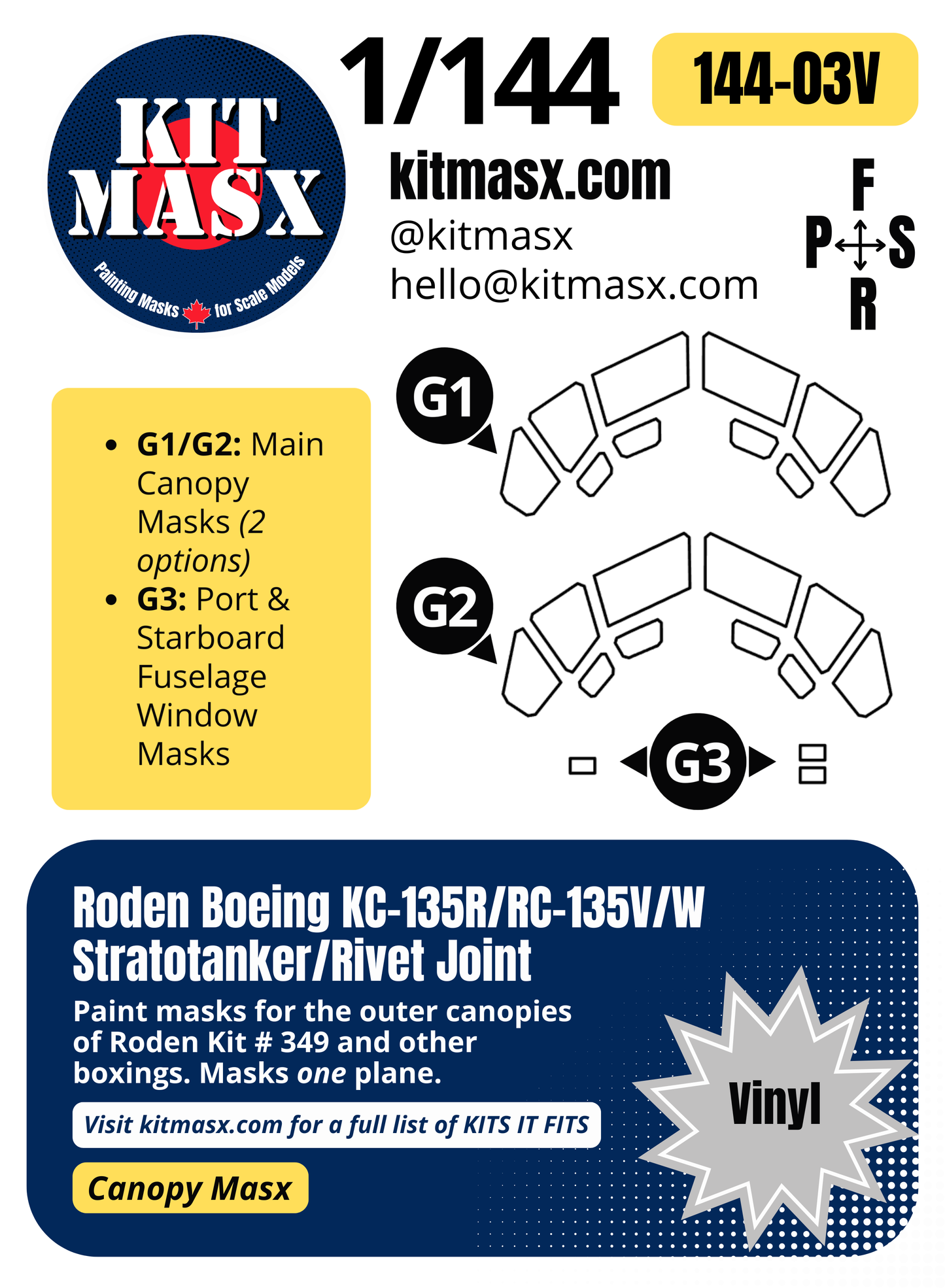 Roden Boeing KC-135R/RC-135V/W Stratotanker/Rivet Joint 1/144 Canopy Paint Masks, Kit # 349