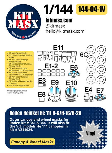 Roden Heinkel He 111 H-6/H-16/H-20 & Z-1 Zwilling 1/144 Canopy & Wheel Masks