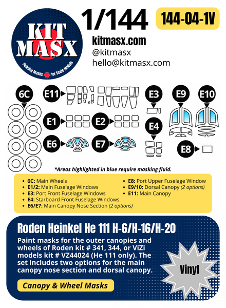 Roden Heinkel He 111 H-6/H-16/H-20 & Z-1 Zwilling 1/144 Canopy & Wheel Paint Masks, Kit # 341, 344, 346