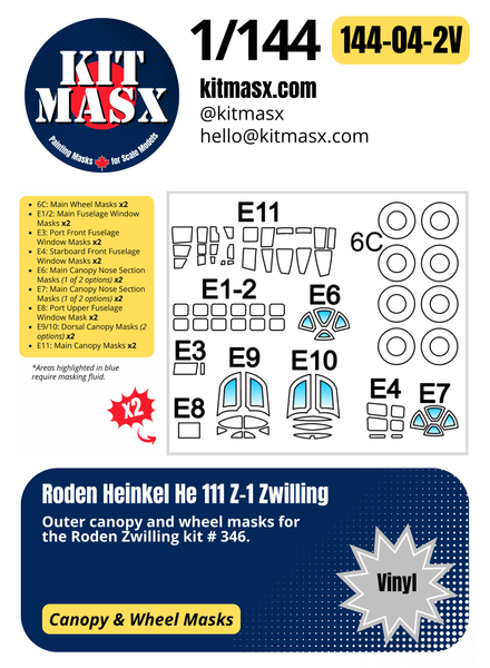 Roden Heinkel He 111 H-6/H-16/H-20 & Z-1 Zwilling 1/144 Canopy & Wheel Masks