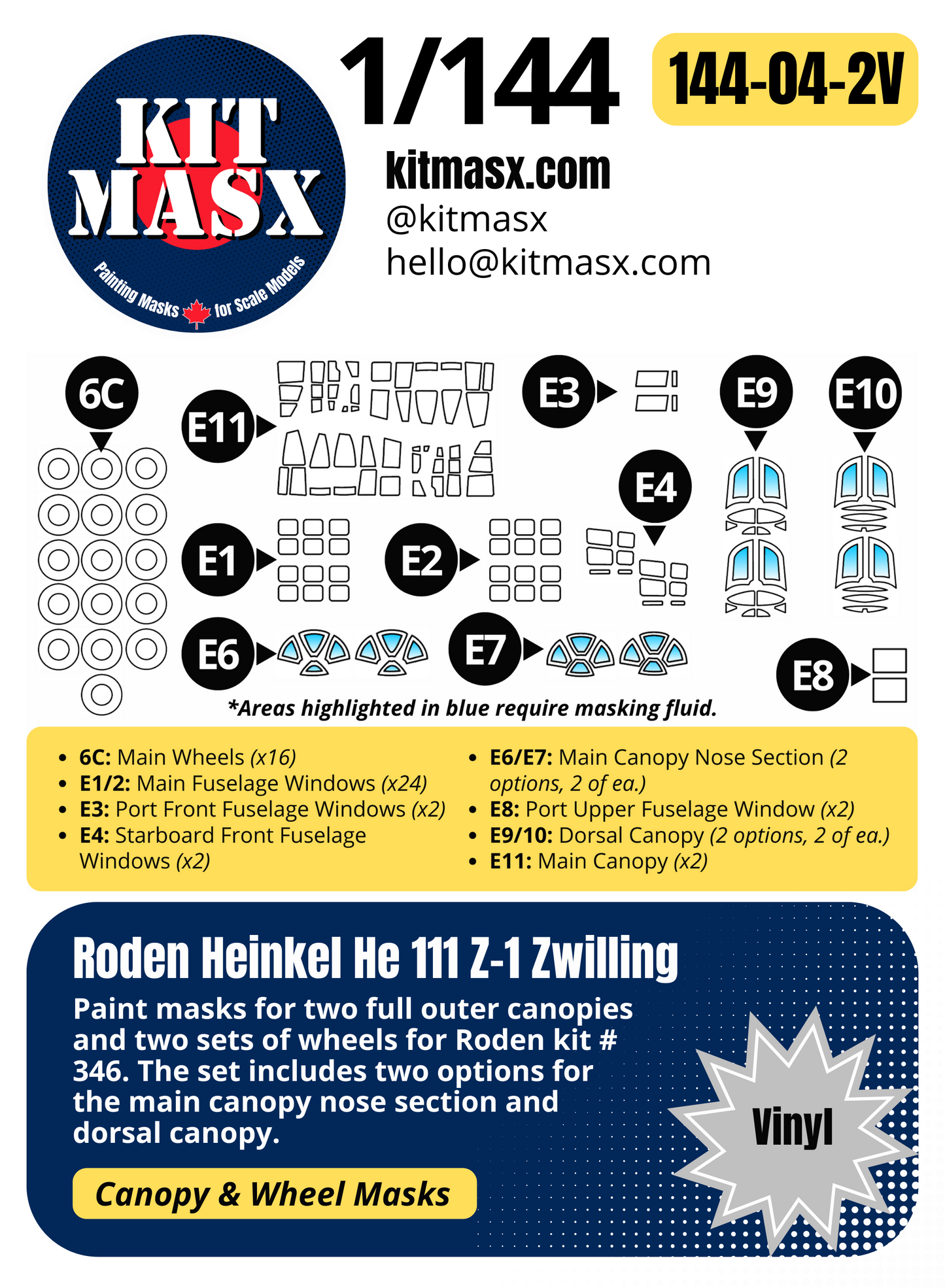 Roden Heinkel He 111 H-6/H-16/H-20 & Z-1 Zwilling 1/144 Canopy & Wheel Paint Masks, Kit # 341, 344, 346