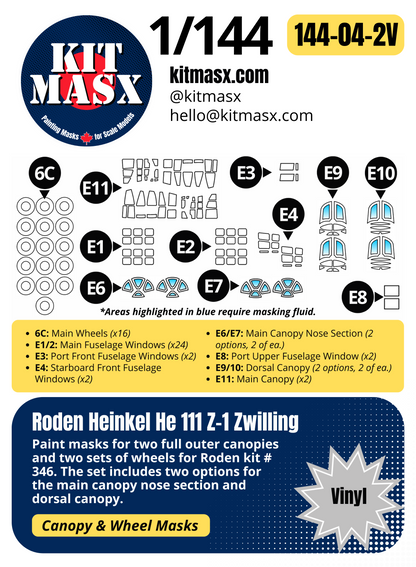 Roden Heinkel He 111 H-6/H-16/H-20 & Z-1 Zwilling 1/144 Canopy & Wheel Paint Masks, Kit # 341, 344, 346