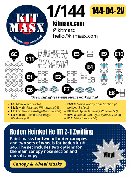 Roden Heinkel He 111 H-6/H-16/H-20 & Z-1 Zwilling 1/144 Canopy & Wheel Paint Masks, Kit # 341, 344, 346