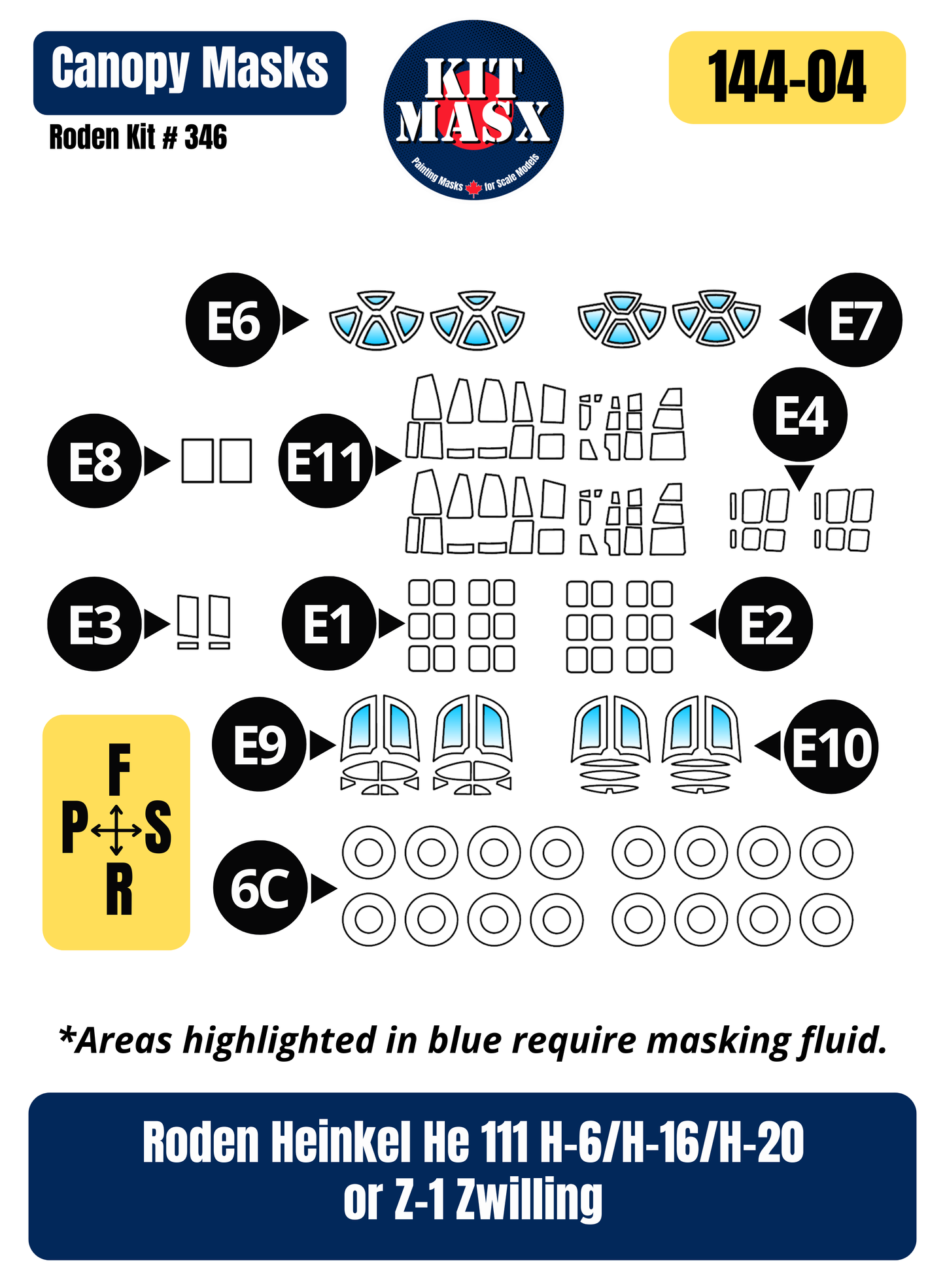 Roden Heinkel He 111 H-6/H-16/H-20 or Z-1 Zwilling 1/144 Canopy & Wheel Paint Masks, Kit # 346
