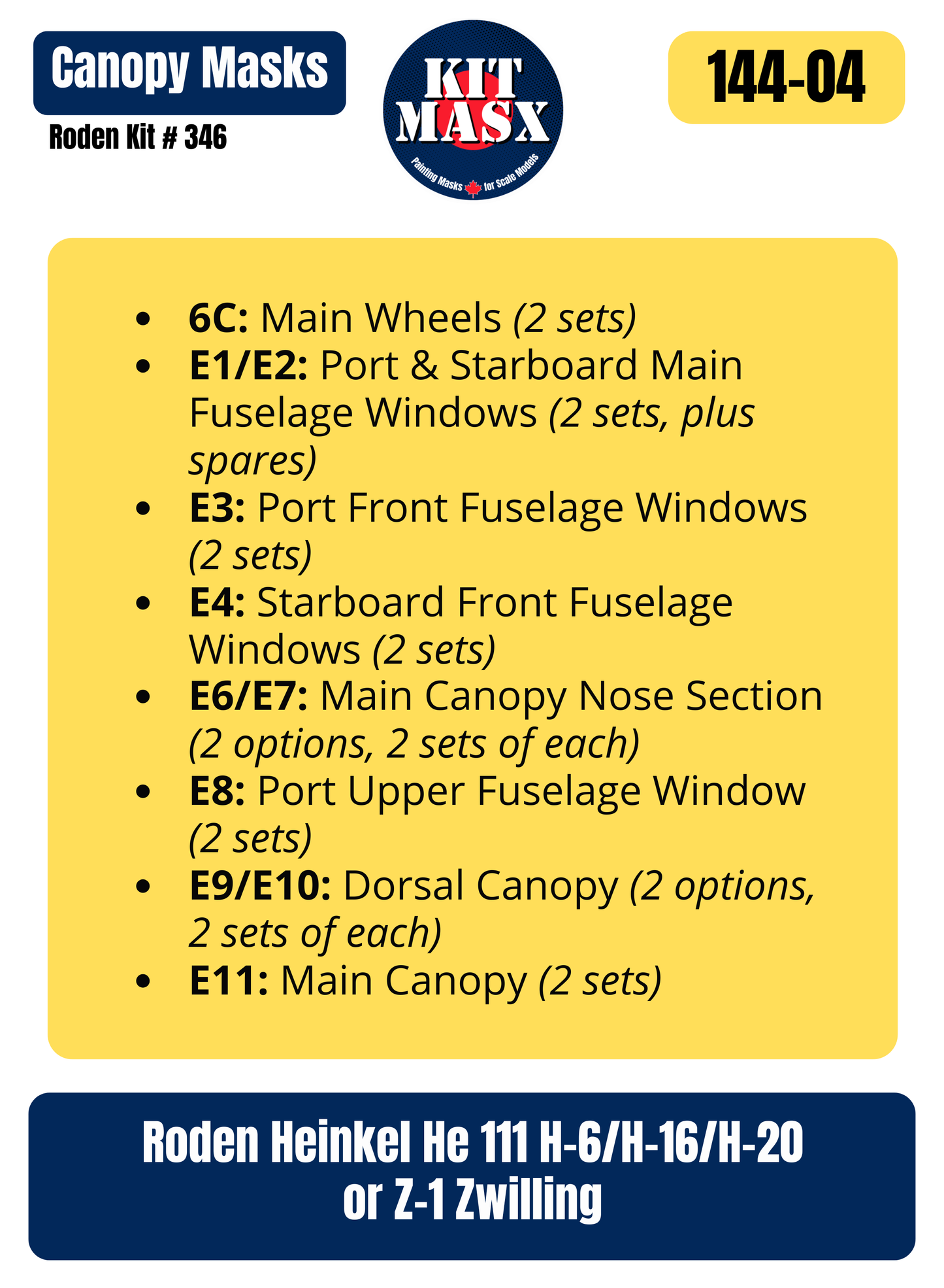 Roden Heinkel He 111 H-6/H-16/H-20 or Z-1 Zwilling 1/144 Canopy & Wheel Paint Masks, Kit # 346