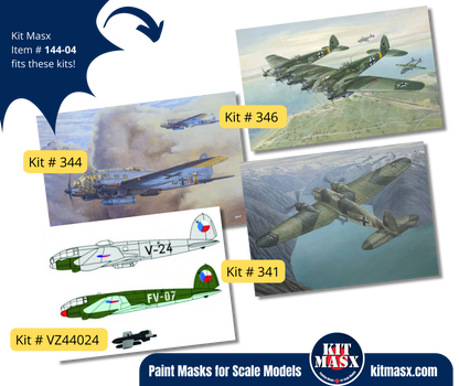 Roden Heinkel He 111 H-6/H-16/H-20 & Z-1 Zwilling 1/144 Canopy & Wheel Paint Masks, Kit # 341, 344, 346